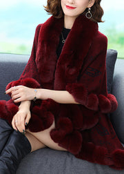 Plus Size Wine Red Fur Collar Print Patchwork Woolen Coat Fall