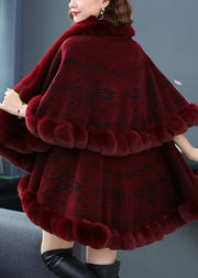 Plus Size Wine Red Fur Collar Print Patchwork Woolen Coat Fall