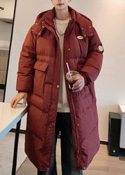 Plus Size Wine Red Hooded Pockets Men Long Parkas Winter