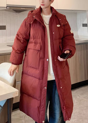 Plus Size Wine Red Hooded Pockets Men Long Parkas Winter