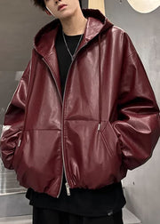 Plus Size Wine Red Hooded Zippered Faux Leather Men Coat Spring