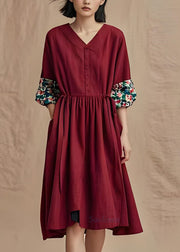 Plus Size Wine Red V Neck Wrinkled Patchwork Cotton Dresses Summer