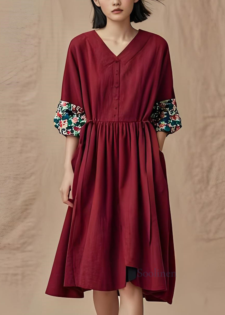 Plus Size Wine Red V Neck Wrinkled Patchwork Cotton Dresses Summer