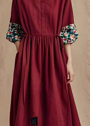 Plus Size Wine Red V Neck Wrinkled Patchwork Cotton Dresses Summer