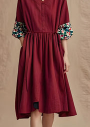 Plus Size Wine Red V Neck Wrinkled Patchwork Cotton Dresses Summer