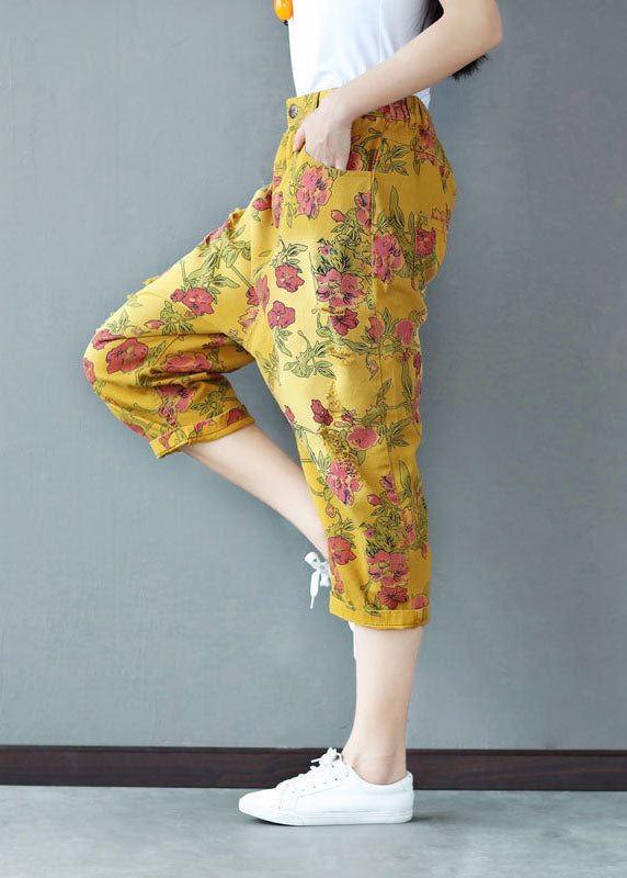 Plus Size Yellow Elastic Waist Print Cotton Harem Pants Spring