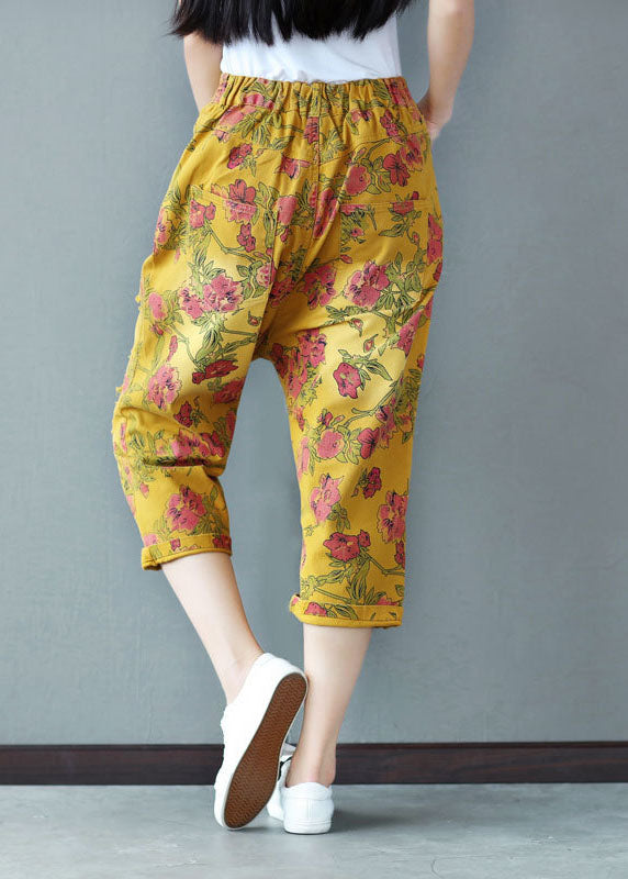 Plus Size Yellow Elastic Waist Print Cotton Harem Pants Spring