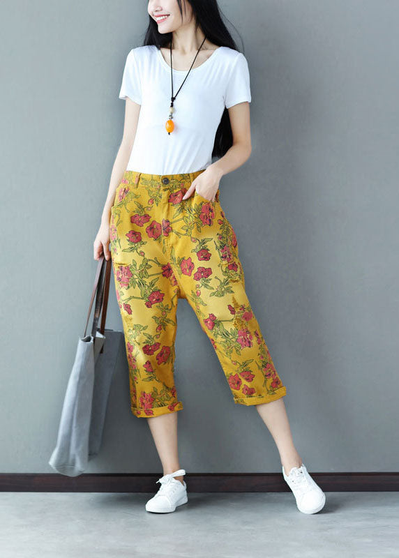 Plus Size Yellow Elastic Waist Print Cotton Harem Pants Spring