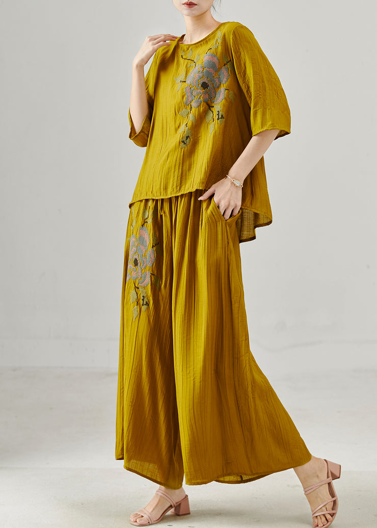 Plus Size Yellow Embroidered Cotton Two Pieces Set Summer