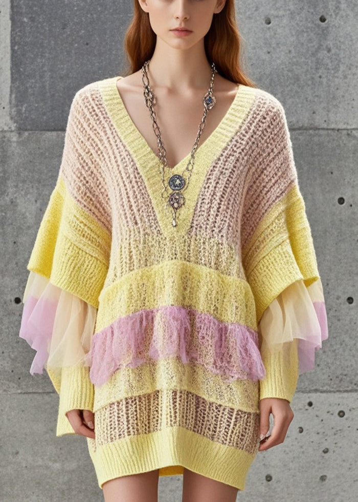 Plus Size Yellow Hollow Out Patchwork Tulle Knitted Dress Fall