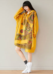 Plus Size Yellow Hooded Asymmetrical Design Patchwork Cotton Mid Dresses Spring