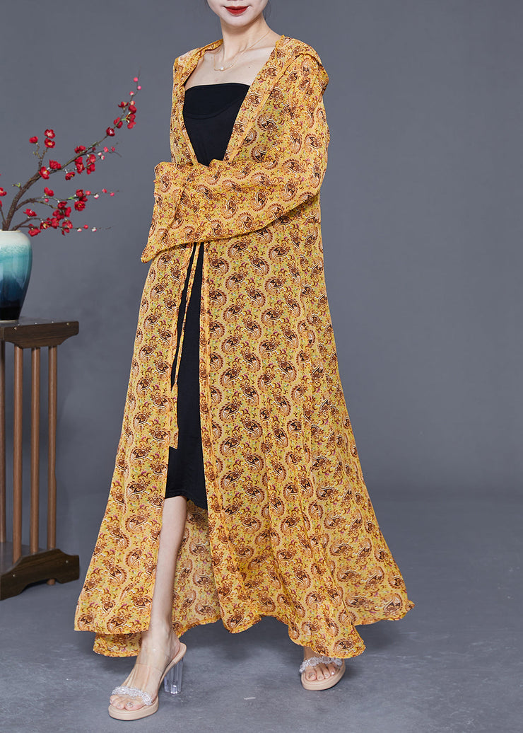 Plus Size Yellow Hooded Print Chiffon Long Cardigan Summer