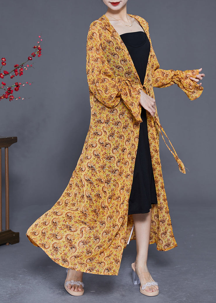 Plus Size Yellow Hooded Print Chiffon Long Cardigan Summer