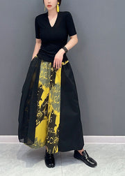 Plus Size Yellow Letter Print Pockets Cotton Wide Leg Pants Spring