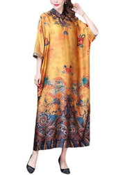 Plus Size Yellow Mandarin Collar Print Silk Dresses Batwing Sleeve