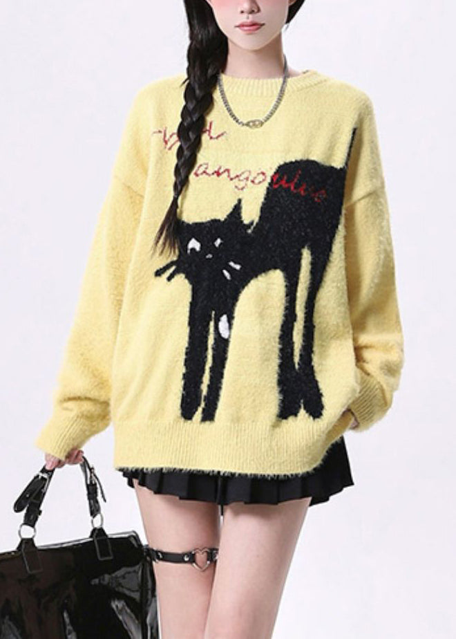 Plus Size Yellow O Neck Cats Print Knit Sweaters Spring