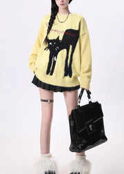 Plus Size Yellow O Neck Cats Print Knit Sweaters Spring