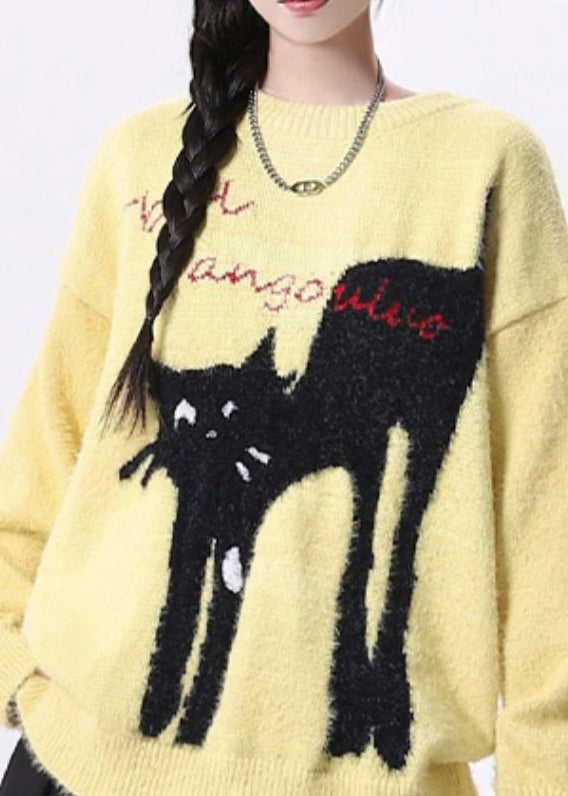 Plus Size Yellow O Neck Cats Print Knit Sweaters Spring