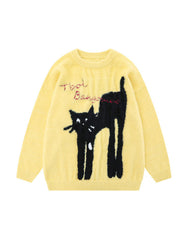 Plus Size Yellow O Neck Cats Print Knit Sweaters Spring