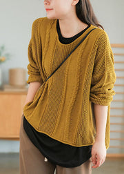 Plus Size Yellow O-Neck Hollow Out Knit Sweaters Fall