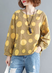 Plus Size Yellow O-Neck Oversized Dot Print Cotton Tops Spring