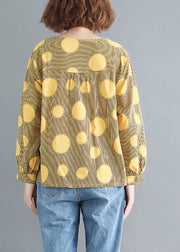 Plus Size Yellow O-Neck Oversized Dot Print Cotton Tops Spring