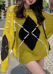 Plus Size Yellow O Neck Patchwork Cozy Cotton Knit Sweater Batwing Sleeve