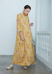 Plus Size Yellow O Neck Print Chiffon Robe Dresses Summer