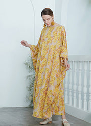 Plus Size Yellow O Neck Print Chiffon Robe Dresses Summer