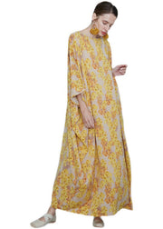 Plus Size Yellow O Neck Print Chiffon Robe Dresses Summer