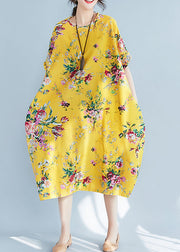 Plus Size Yellow O-Neck Print Cotton Holiday Dress Summer