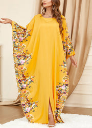 Plus Size Yellow O Neck Print Front Open Cotton Dress Spring