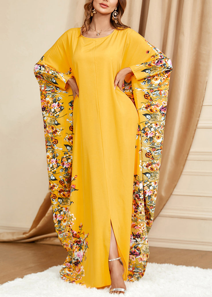 Plus Size Yellow O Neck Print Front Open Cotton Dress Spring