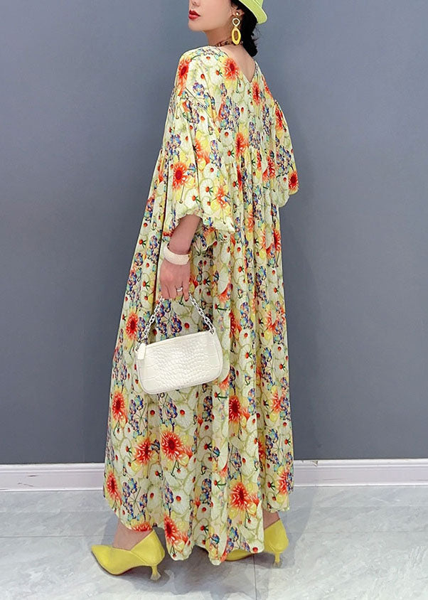 Plus Size Yellow Oversized Floral Print Cotton Robe Dresses Lantern Sleeve