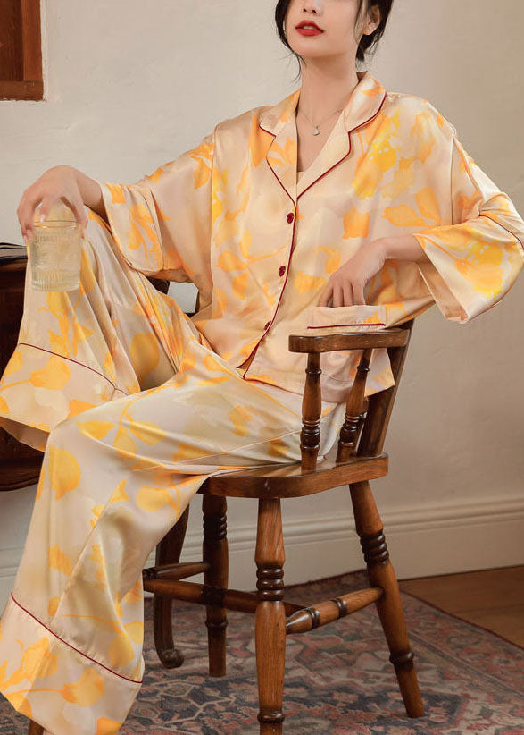 Plus Size Yellow Oversized Print Ice Silk Pajamas Women Sets 2 Pieces Batwing Sleeve