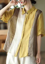 Plus Size Yellow Peter Pan Collar Solid Ramie Shirts Summer