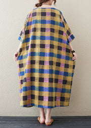 Plus Size Yellow Plaid O Neck Print Cotton Long Dress Half Sleeve
