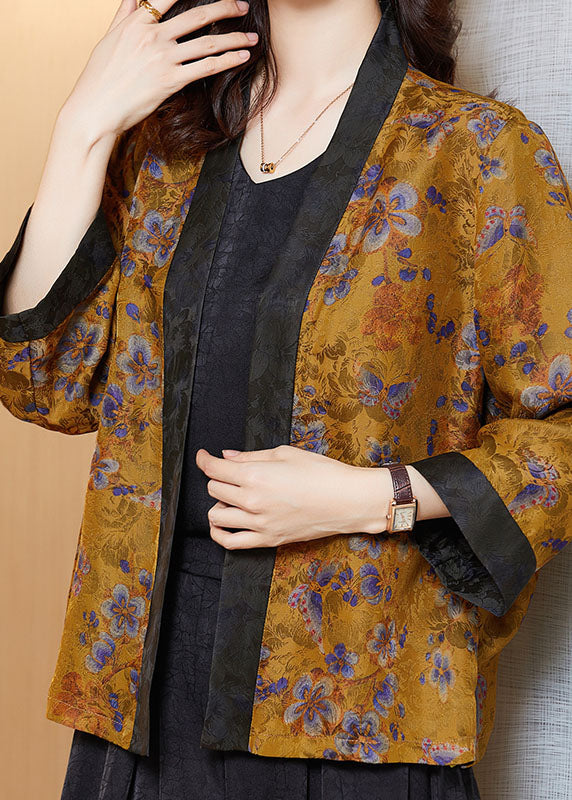 Plus Size Yellow Print Patchwork Silk Loose Cardigans Bracelet Sleeve