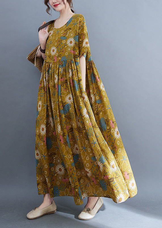 Plus Size Yellow Print Wrinkled Holiday Long Dresses Summer