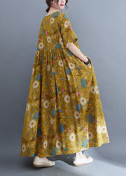 Plus Size Yellow Print Wrinkled Holiday Long Dresses Summer