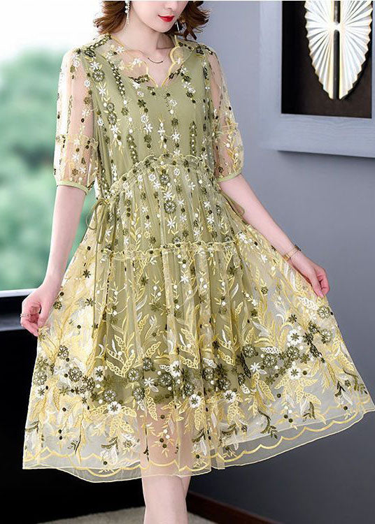 Plus Size Yellow Ruffled Embroideried Tulle Party Dress Summer