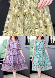 Plus Size Yellow Ruffled Embroideried Tulle Party Dress Summer