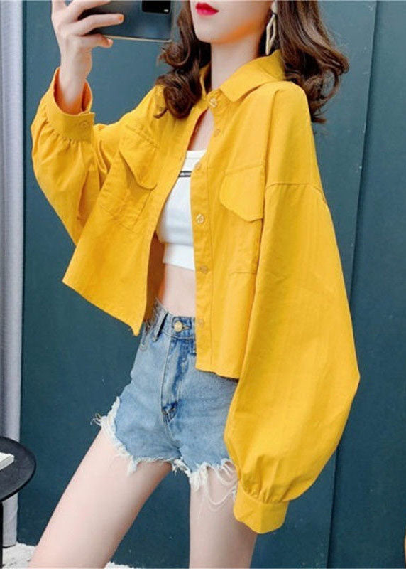 Plus Size Yellow Solid Color Pockets Cotton Blouses Batwing Sleeve