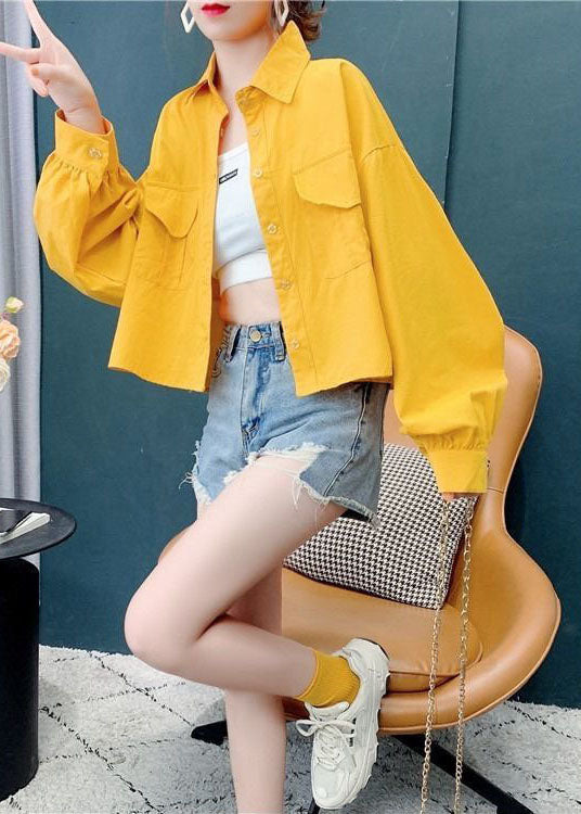 Plus Size Yellow Solid Color Pockets Cotton Blouses Batwing Sleeve