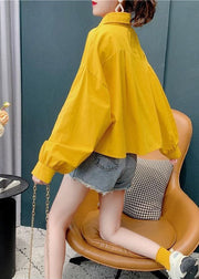 Plus Size Yellow Solid Color Pockets Cotton Blouses Batwing Sleeve