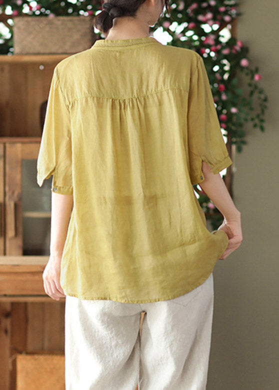 Plus Size Yellow V Neck Embroideried Linen T Shirt Short Sleeve