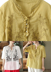 Plus Size Yellow V Neck Embroideried Linen T Shirt Short Sleeve