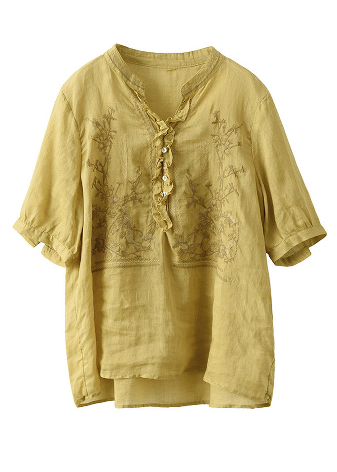 Plus Size Yellow V Neck Embroideried Linen T Shirt Short Sleeve