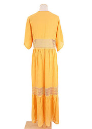 Plus Size Yellow V Neck Lace Patchwork Tie Waist Long Holiday Dress Short Sleeve