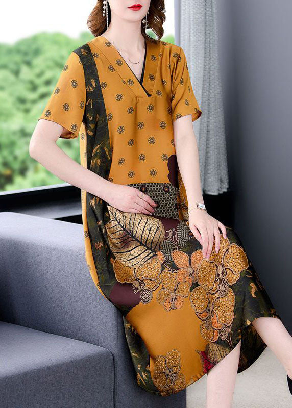 Plus Size Yellow V Neck Print Silk Long Dress Summer